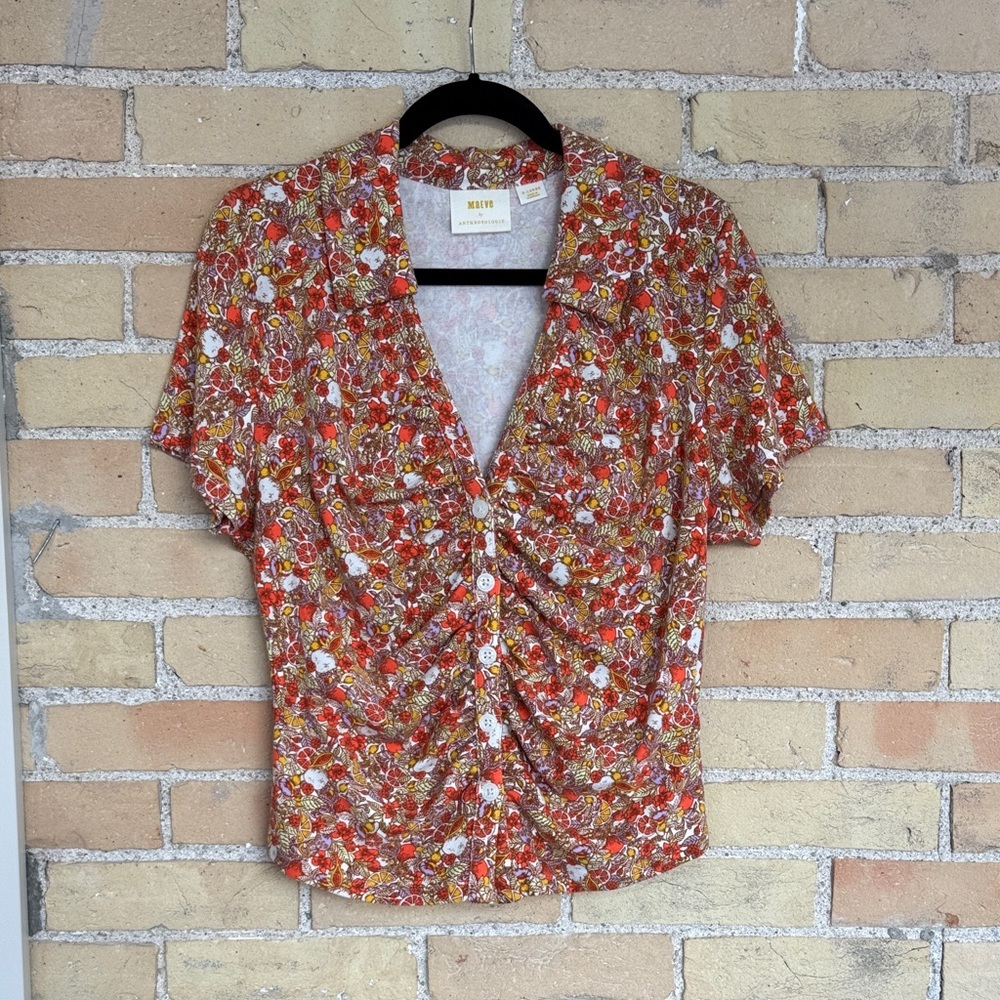 Maeve by Anthropologie Ruched Citrus Print Button Down Top - Picture 2 of 6